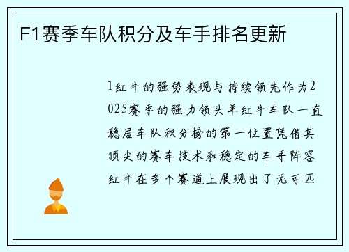 F1赛季车队积分及车手排名更新