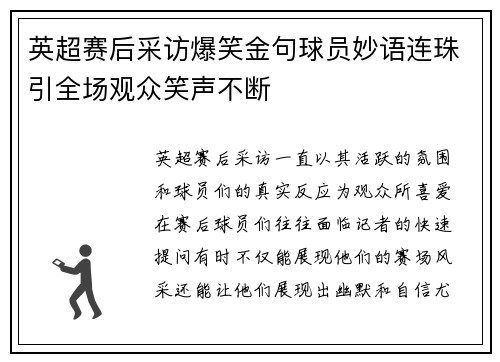 英超赛后采访爆笑金句球员妙语连珠引全场观众笑声不断